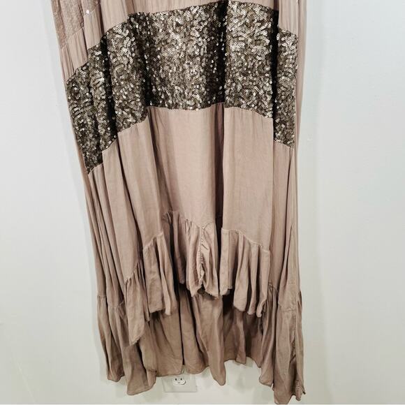 NWT Sarah Tempest Tan Sequin & Ruffle High Low Midi Dress Medium Lagenlook - Picture 3 of 14